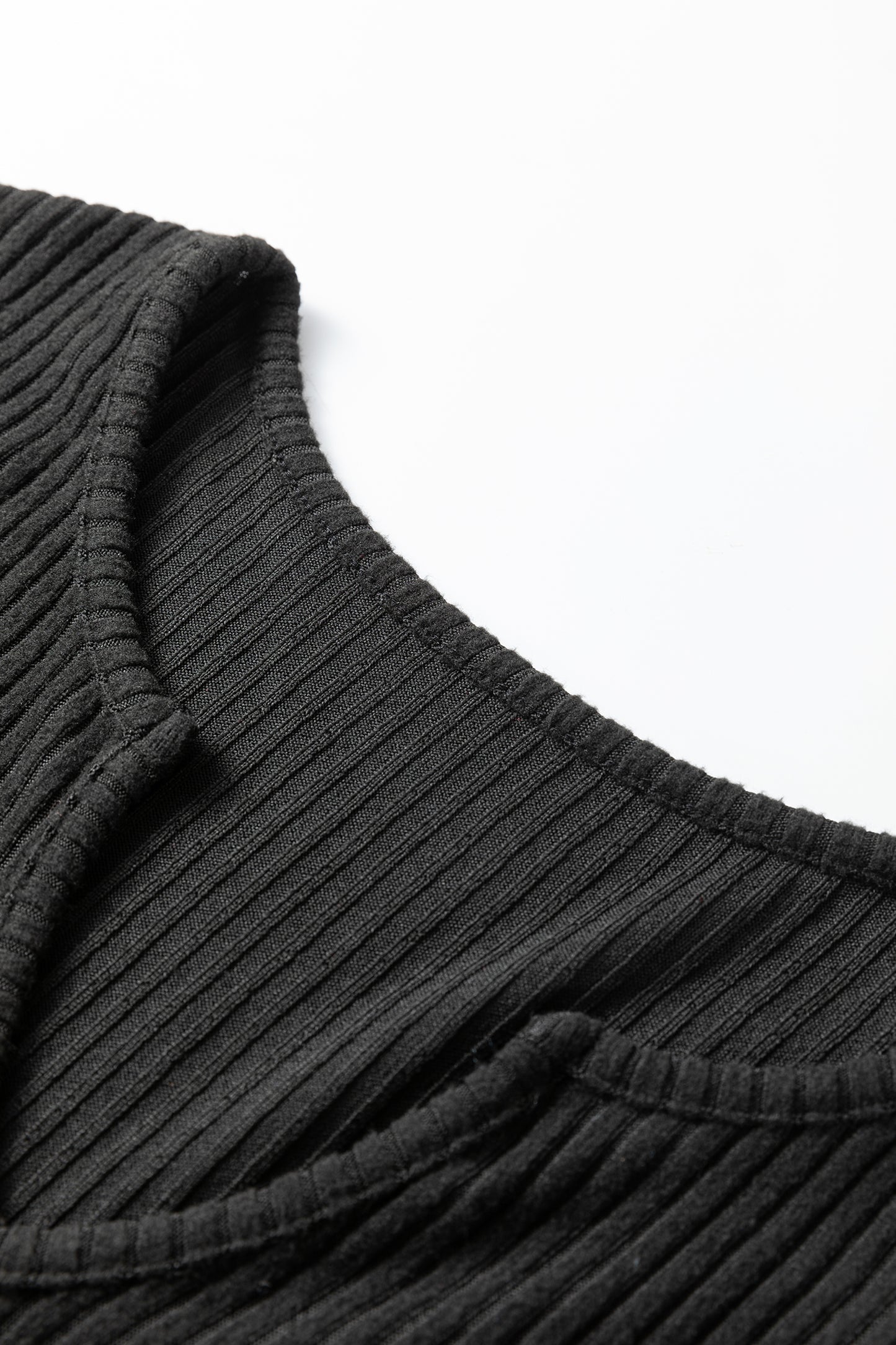 Black Ribbed Notched Neck Knit Long Sleeve Leggings Two Pieces Lounge Set