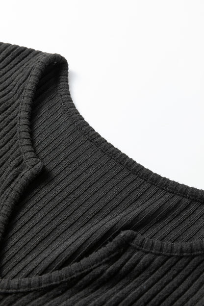 Black Ribbed Notched Neck Knit Long Sleeve Leggings Two Pieces Lounge Set