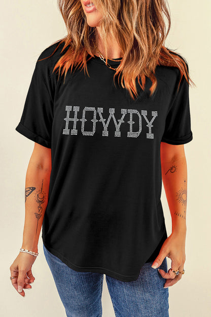 Schwarzes HOWDY Slim Fit T-Shirt mit Rundhalsausschnitt und Strass