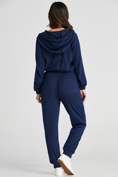 Marineblaues Set aus kurzem Hoodie und Jogginghose mit Kordelzug