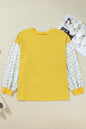 Yellow Stripe Striped Contrast Floral Sleeve Patchwork Plus Size Loose Top