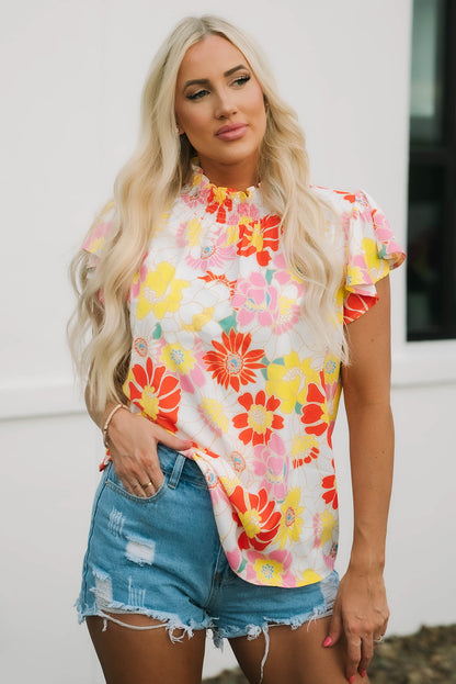 Mehrfarbiges Top mit Stehkragen, Flatterärmeln und Blumenmuster