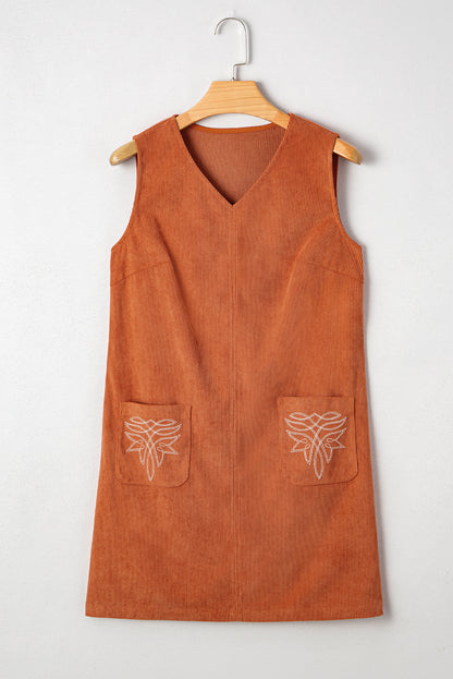 Gold Flame Corduroy Western Embroidered Patched Pocket Shift Sleeveless Mini Dress