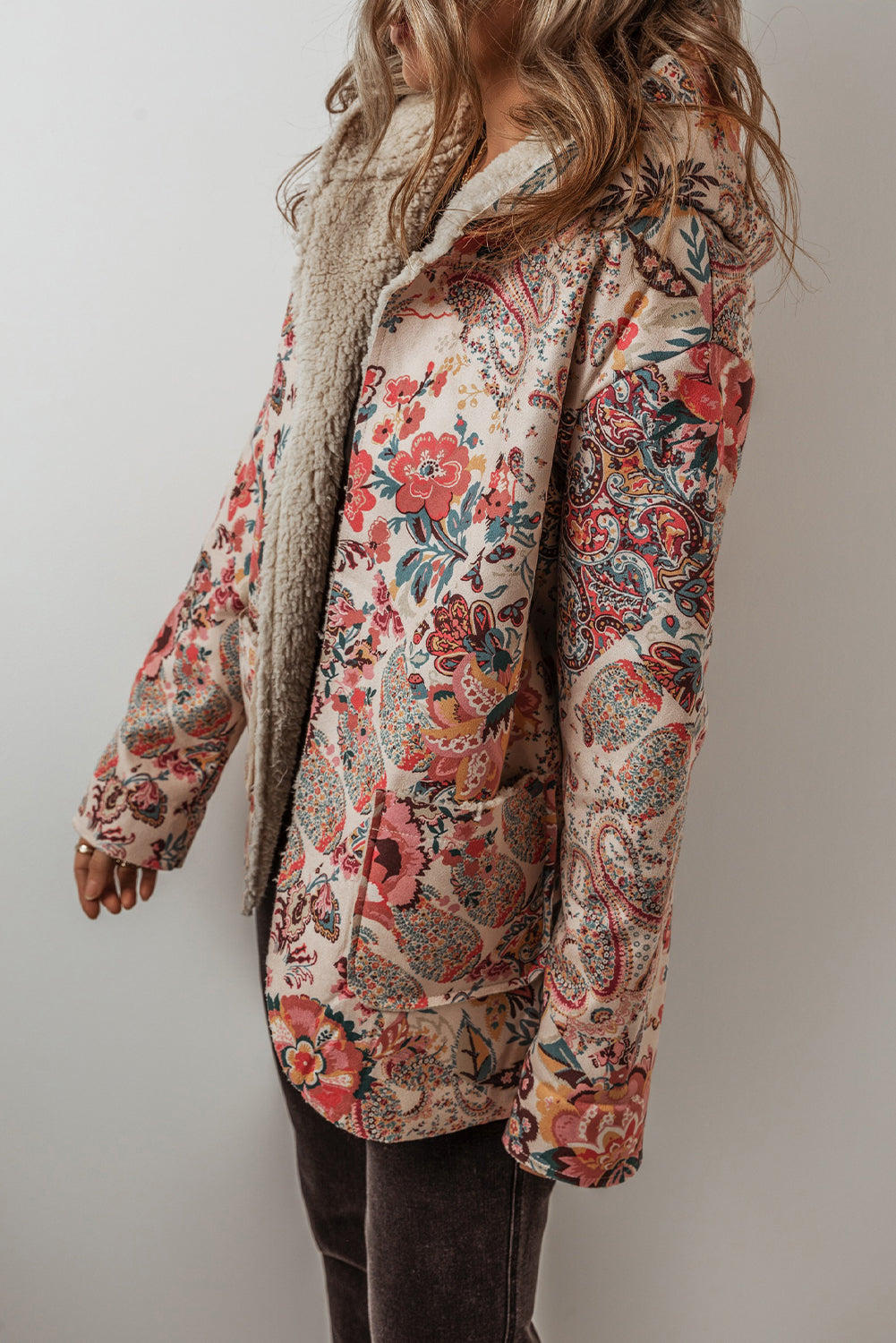Beige Vintage Paisley Blumendruck Sherpa-gefütterte Kapuzenjacke