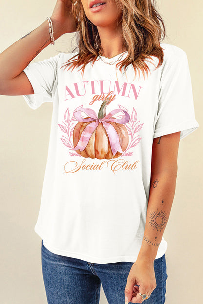 Weißes Herbst-Girly Thanksgiving Bowknot Kürbis Grafik T-Shirt