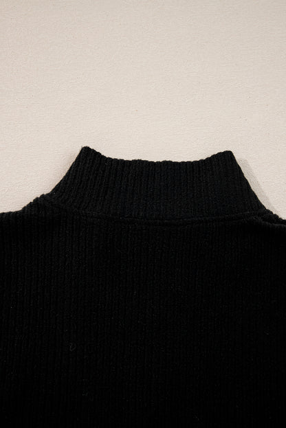 Black Ribbed Zip Stand Neck Drop Shoulder Pullover Bodycon Skirt 2pcs Set