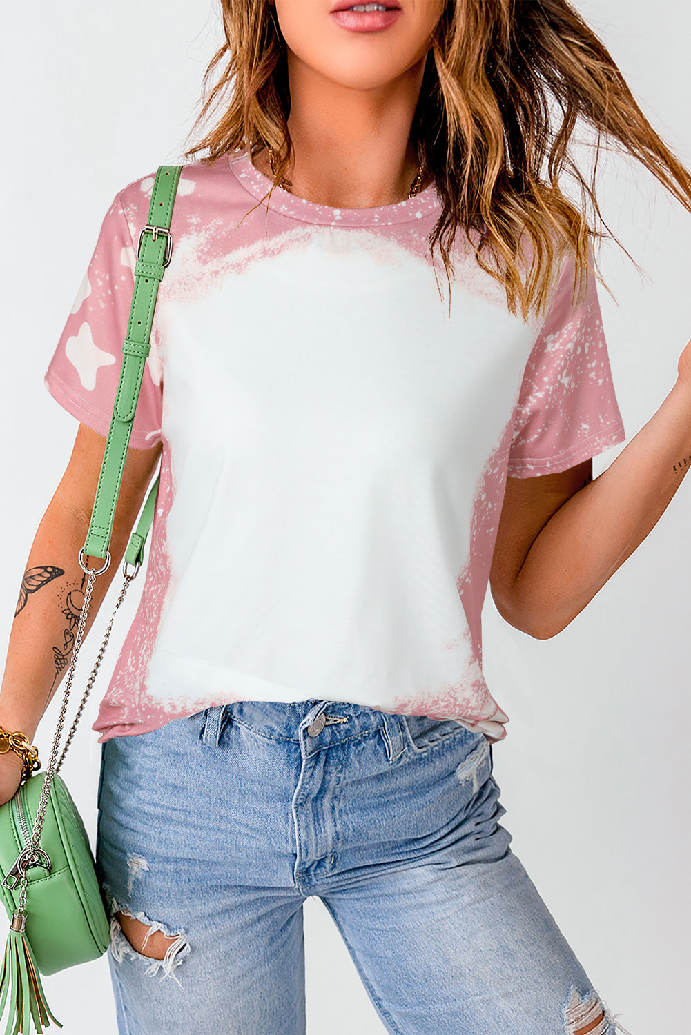 Rosa Tie Dye Farbe gebleichtes Kurzarm-T-Shirt