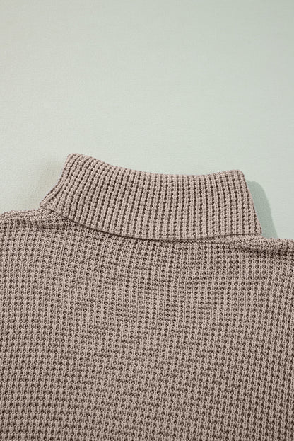 Rauchgrau gestreifter karierter Patchwork-Rollkragenpullover mit Waffelstrick