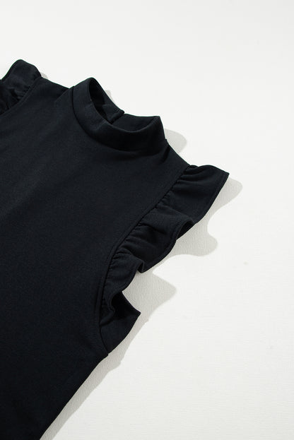 Schwarzes Etuikleid mit Flatterärmeln und Rundhalsausschnitt