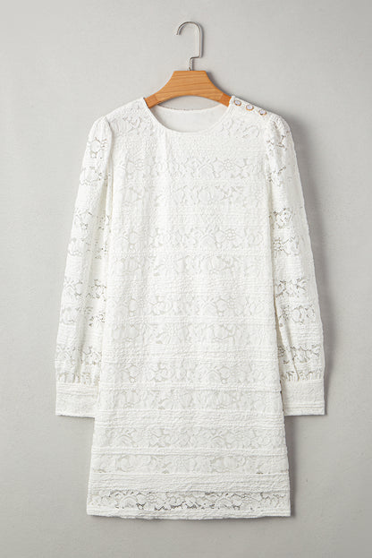 White Lace Crochet Round Neck Puff Sleeve Shift Mini Dress