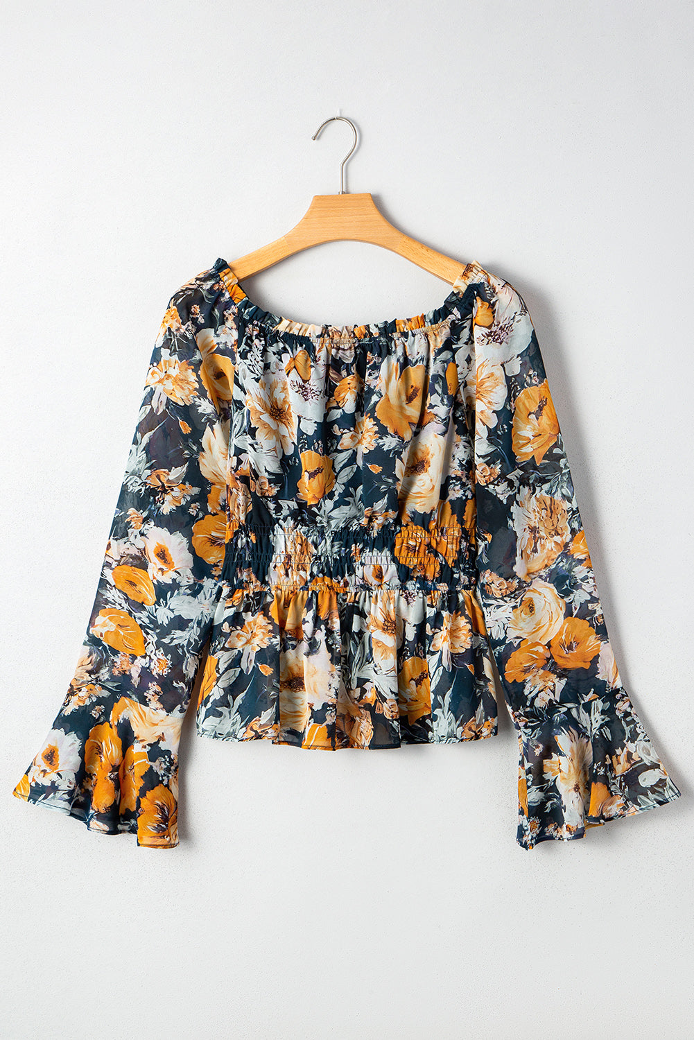 Blue Floral Off Shoulder Bell Sleeve Smocked Peplum Top