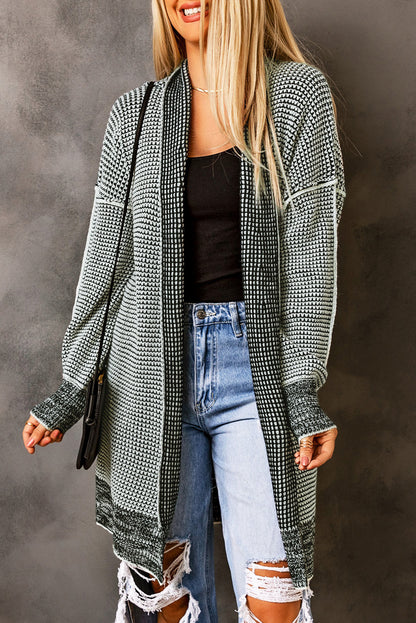 Grau karierte, lange Strickjacke mit offener Vorderseite