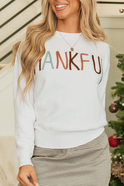 Weißer Pullover mit Stickerei „Thankful Ivory“