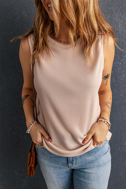 Apricot Crew Neck Waffle Tank Top