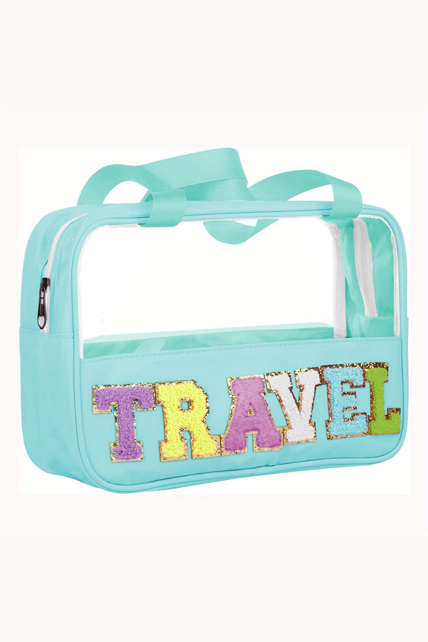 Mintgrüne Kosmetiktasche „TRAVEL“ aus Chenille mit Buchstaben, transparent, PVC