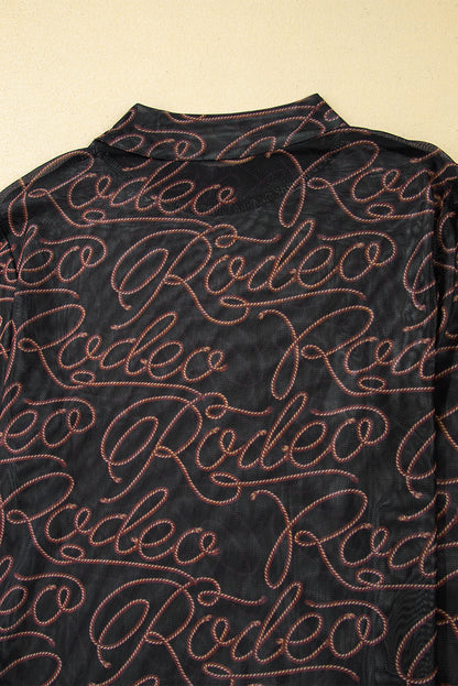 Schwarzes, langärmliges Netzoberteil mit Stehkragen und Western-Rodeo-Print
