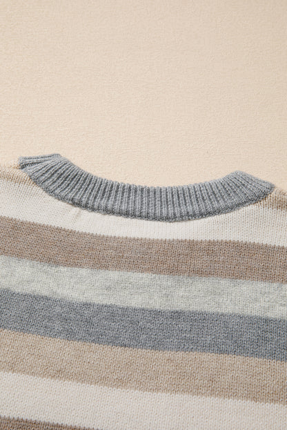 Grau gestreifter Pullover mit Farbblock und geripptem Rand und Rundhalsausschnitt