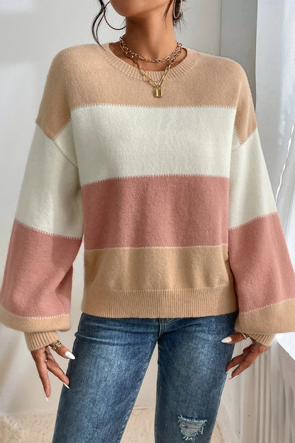 Altrosa Pullover mit Farbblock-Laternenärmeln und überschnittener Schulter