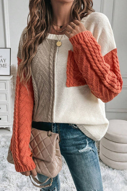 Pullover mit überschnittener Schulter und aufgesetzter Tasche in Colorblock-Optik in Gold Flame