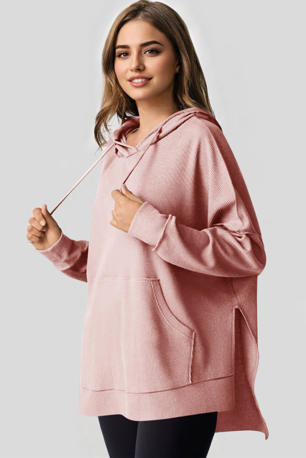 Hellrosa Oversize-Hoodie mit Waffelstrick und Fleecefutter, hoch und niedrig