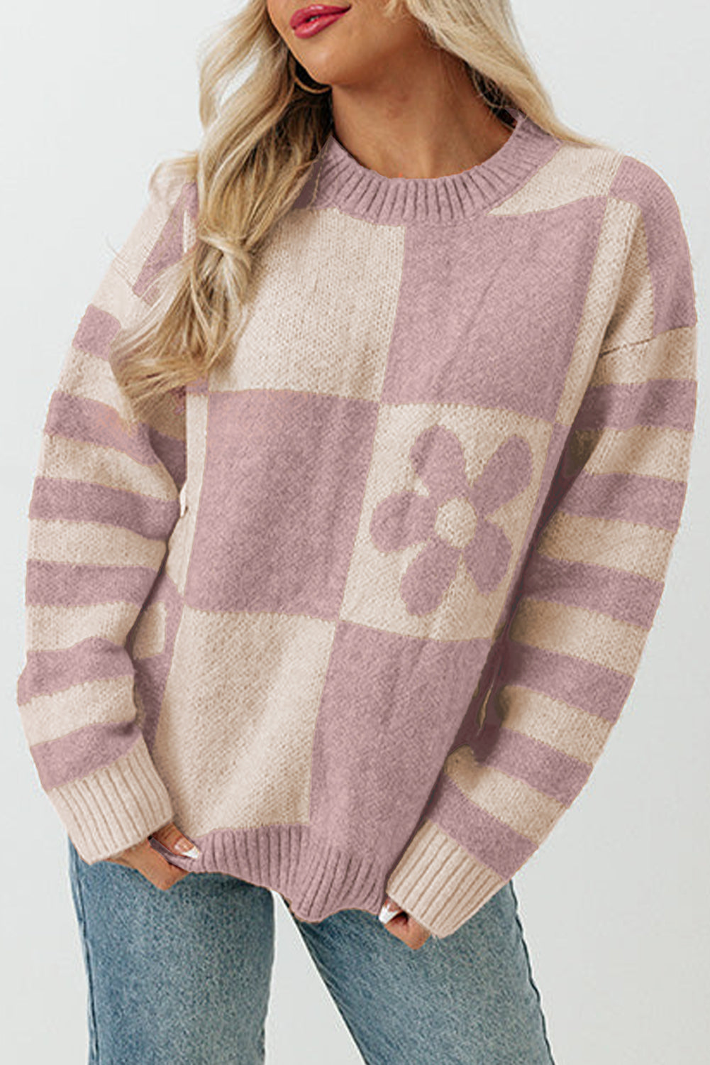 Pullover mit kariertem Blumenmuster und gestreiften Ärmeln in Orchid Petal