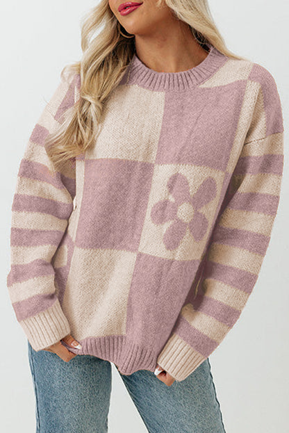 Pullover mit kariertem Blumenmuster und gestreiften Ärmeln in Orchid Petal
