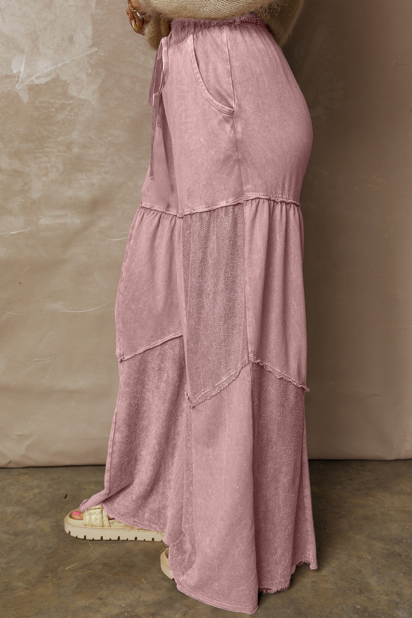 Straw Yellow Mineral Wash Tiered Wide Leg Patchwork Drawstring Pants