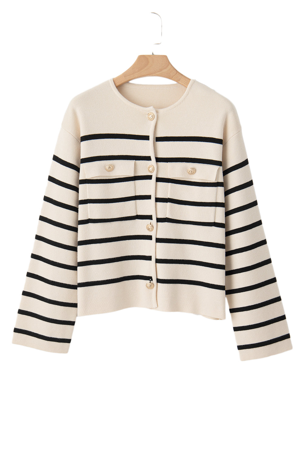 Schwarzer Cardigan mit Streifen, Pattentasche und Knöpfen