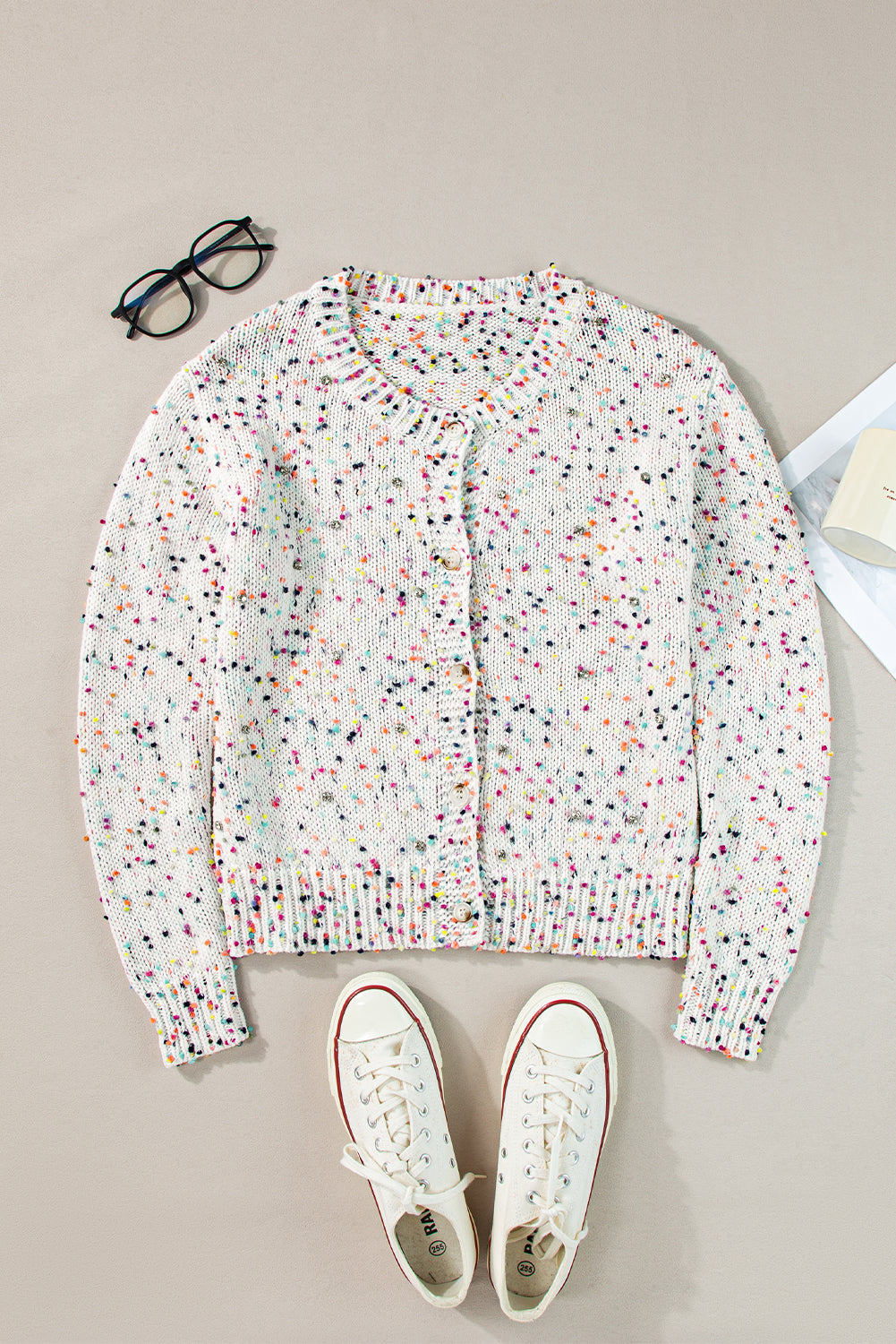 Weißer mehrfarbiger Konfetti-Pullover-Cardigan