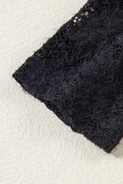 Schwarzes, hochgeschlossenes Langarmtop mit Blumenspitze