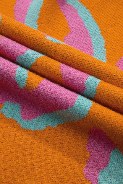 Orangefarbener Pullover mit Leopardenmuster und geripptem Rand im Colorblock-Design