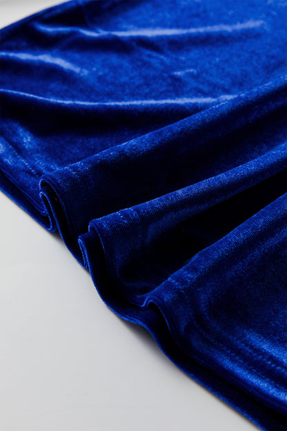 Sky Blue Leopard Patchwork Shoulder Flounce Sleeve Velvet Blouse