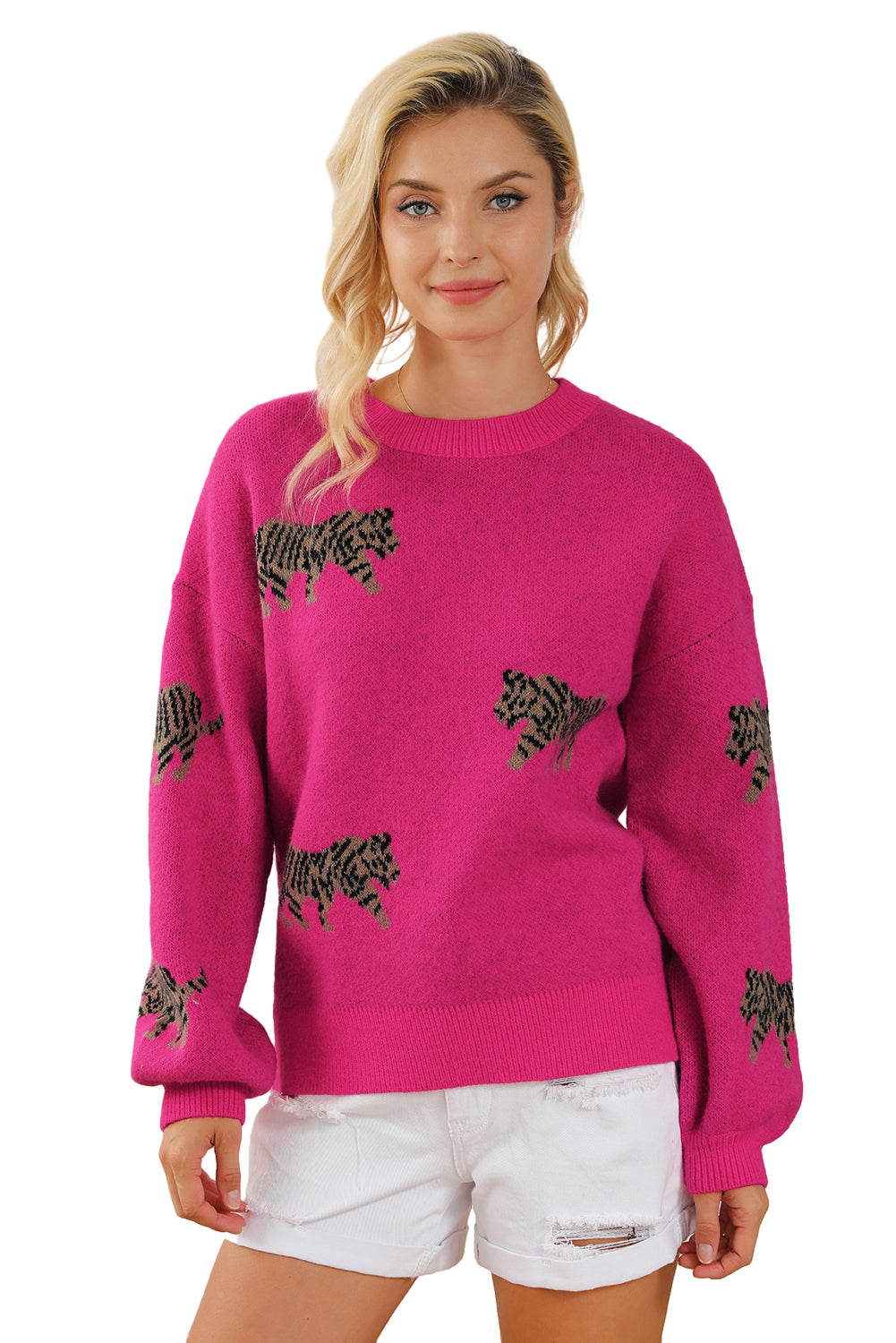 Rosaroter, lässiger Strickpullover mit wildem Tiermuster