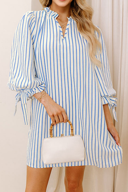 Sky Blue Stripe Knotted Bracelet Sleeve Notched Neck Shift Mini Dress