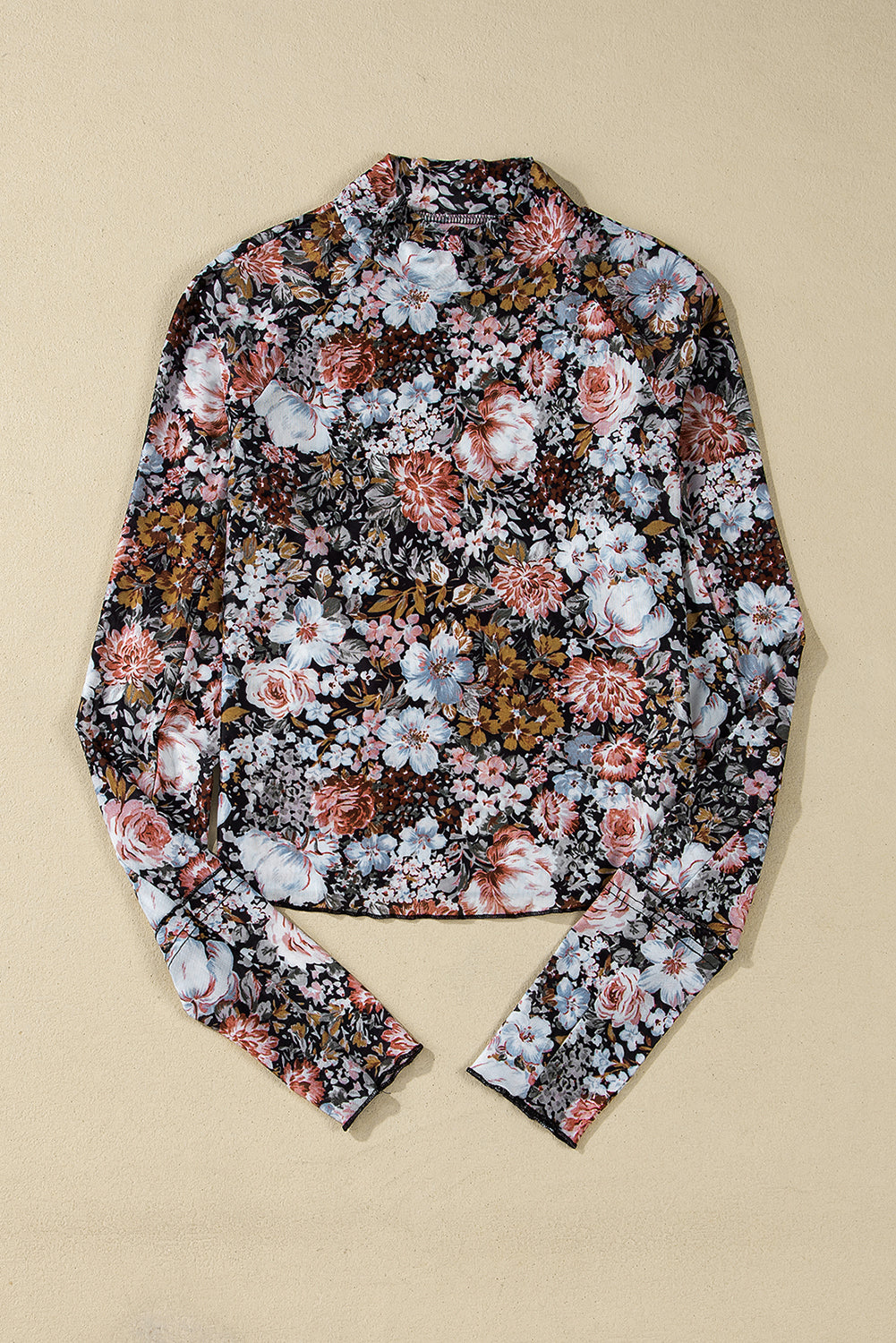 Braune, florale, langärmlige Etui-Bluse aus Netzstoff mit hohem Halsausschnitt