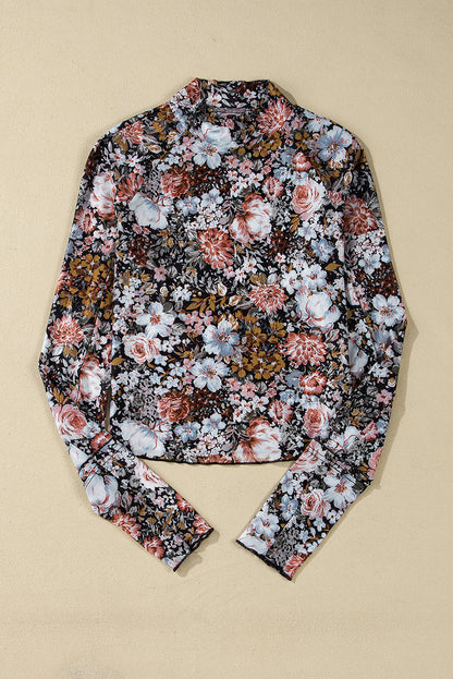 Braune, florale, langärmlige Etui-Bluse aus Netzstoff mit hohem Halsausschnitt