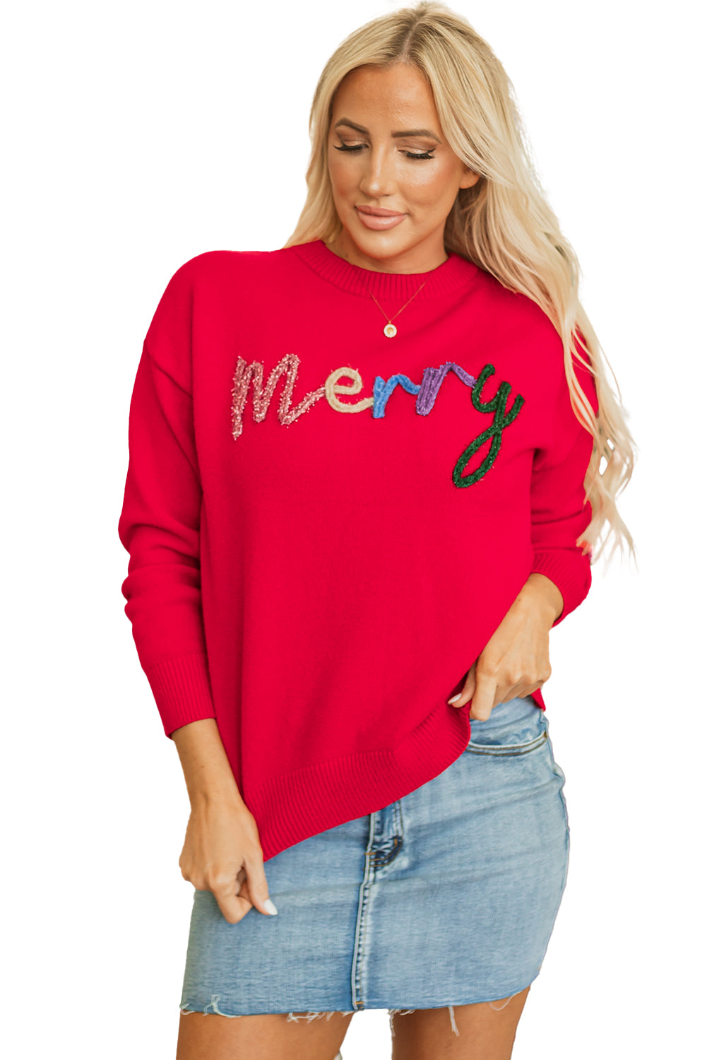 Feurig-roter Lametta Merry Letter Baggy Pullover mit tief angesetzter Schulterpartie