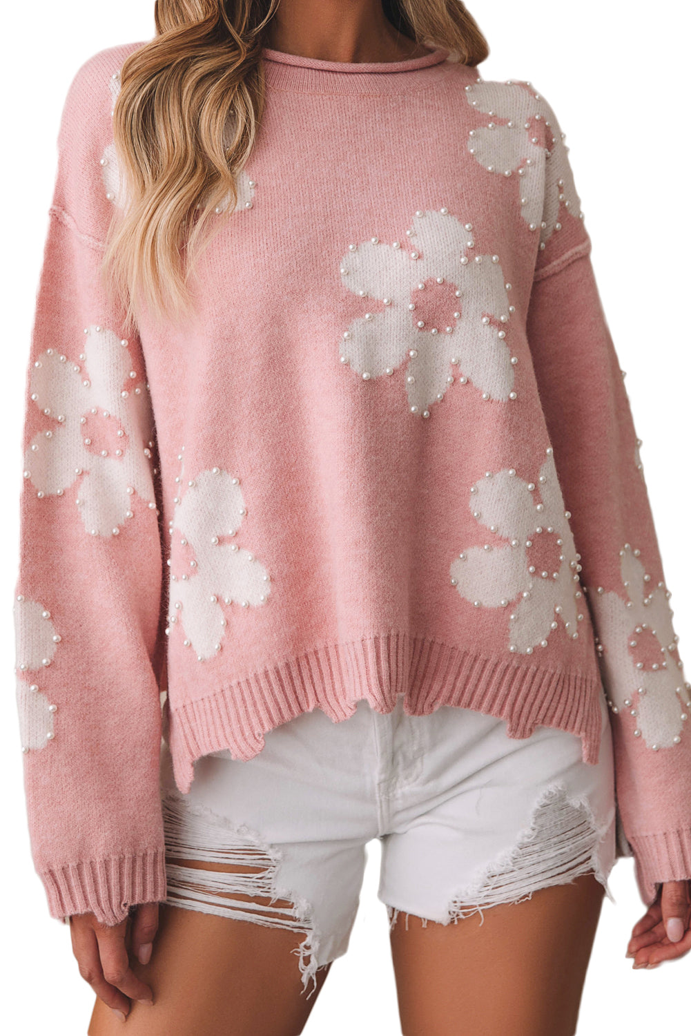 Mehrfarbiger Pullover mit Perlen und Blumenmuster und überschnittener Schulter