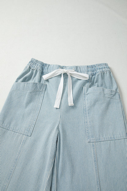 Sky Blue Stripe Mid Rise Drawstring Waist Jeans