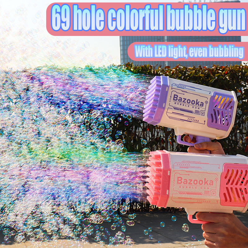 Seifenblasenpistole Rakete 69 Löcher Seifenblasen Maschine Gun Form Automatisches Gebläse mit Licht Spielzeug für Kinder Pomperos
