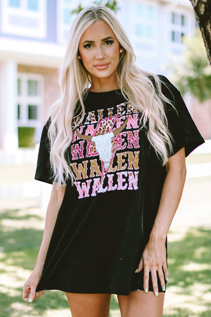 Schwarzes, übergroßes WALLEN-T-Shirt mit Kuhschädel-Grafik