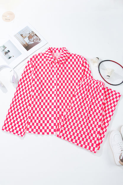 Rosa Pyjama-Set mit kariertem Hemd mit Knöpfen und hoch taillierter Hose