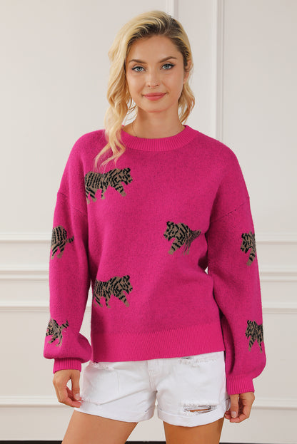 Rosaroter, lässiger Strickpullover mit wildem Tiermuster
