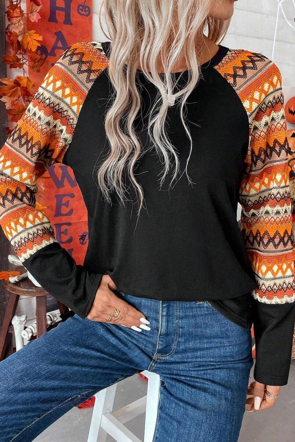 Oranges Raglan-Patchwork-Langarm-T-Shirt mit Geo-Print