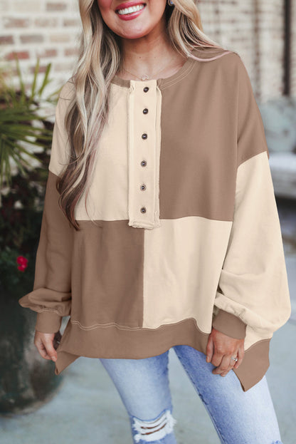 Parchment – Henley-Sweatshirt mit Farbblockdesign und hohem Bund in Übergröße