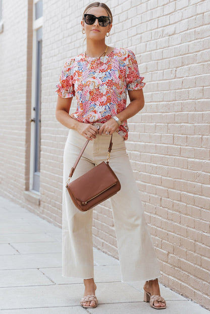 Bluse mit mehrfarbigen Blumenmuster-Mix und Puffärmeln