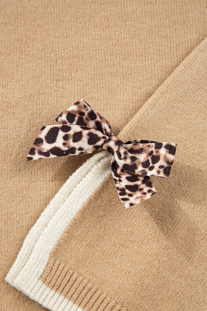 Tan Leopard Bow Decor Split Cuff Contrast Trim Sweater