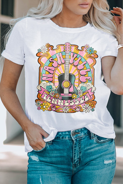 Weißes Country-Musik-T-Shirt mit NASHIVILLE-Gitarrengrafik