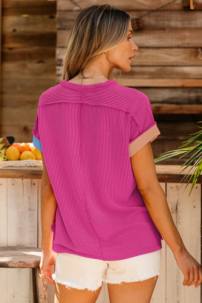 Rosarotes strukturiertes Colorblock-T-Shirt mit Rundhalsausschnitt