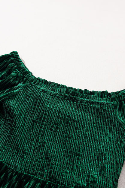 Schwarzgrünes gesmoktes Babydoll-Oberteil aus geripptem Samt